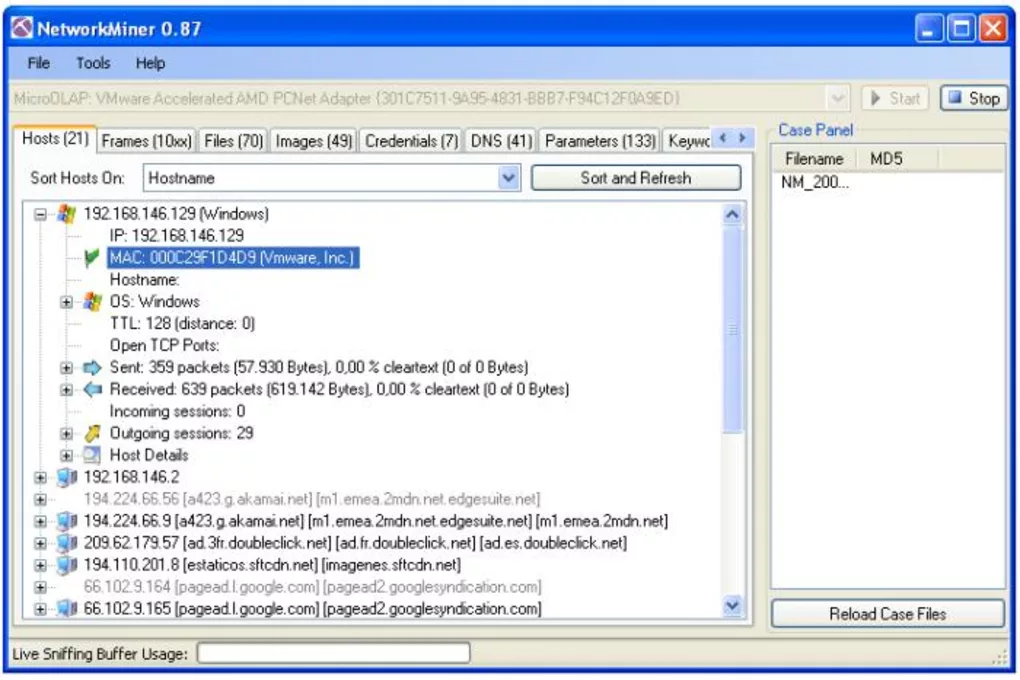 A photo focused on the host tab for Network Miner.