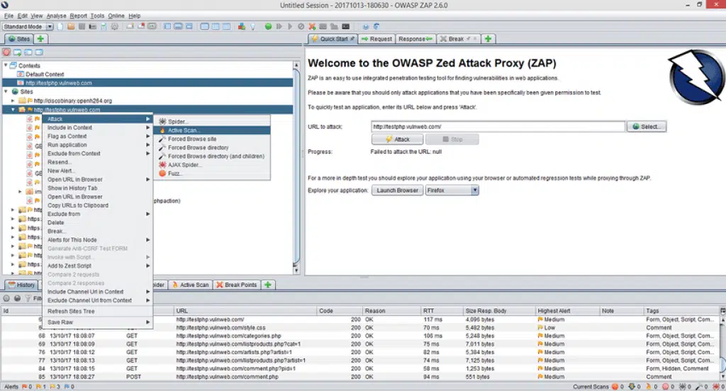 A photo of the main page for the tool OWASP ZAP.