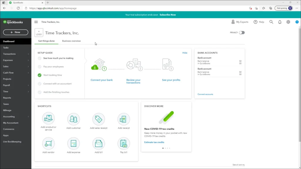 A photo showcasing the dashboard of QuickBooks Online.