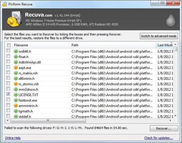 A photo focused on the file organization for recovering inside the tool Recuva.