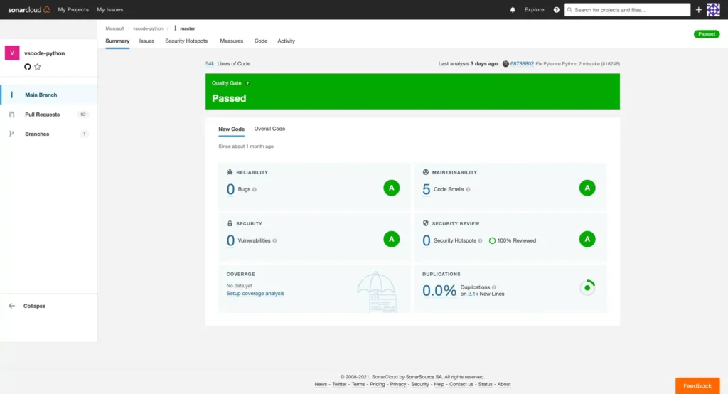 SonarCloud dashboard used for quality control