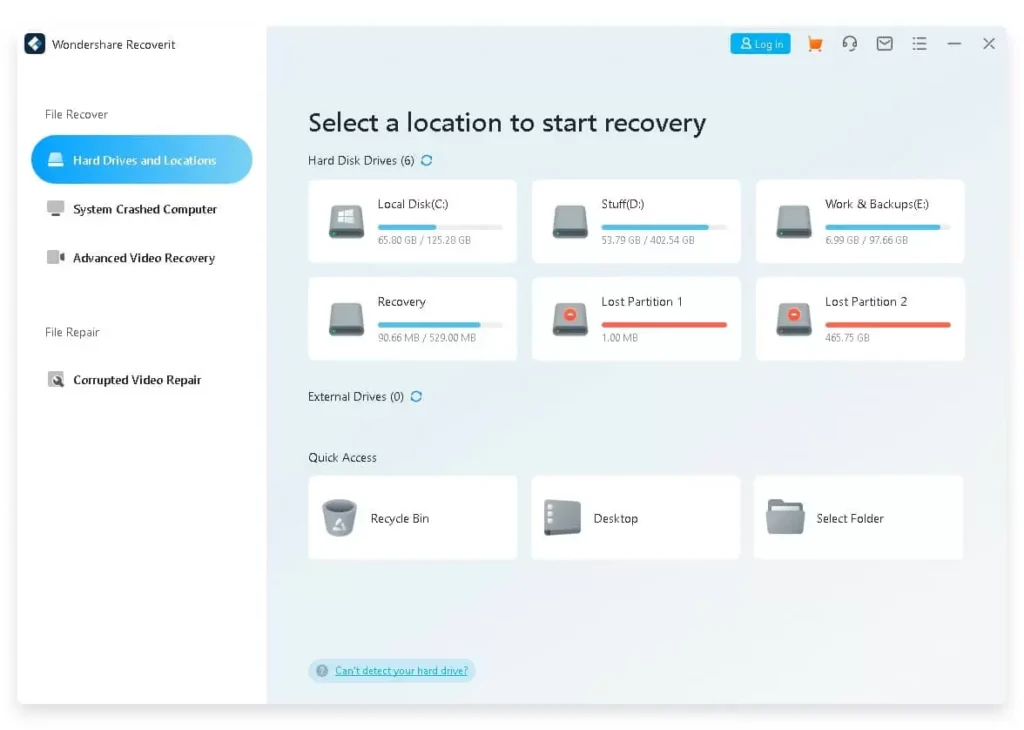 A photo displaying what's inside the hard drives and locations tab of the tool Wondershare Recoverit.