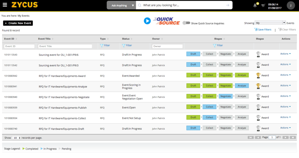 Zycus IT procurement software interface